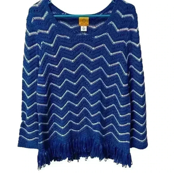 Ruby Rd Cobalt Royal Blue Wavy Striped Crochet Knit Fringe Sweater Womens XLarge - Picture 2 of 3